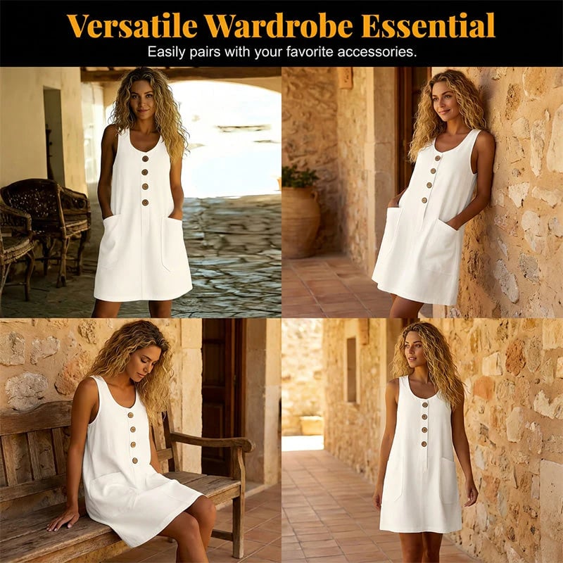 🌿🌿Women's Solid Color U-Neck Sleeveless Cotton Linen Dress - Lightweight, Breezy & Ridiculously Comfy 💛