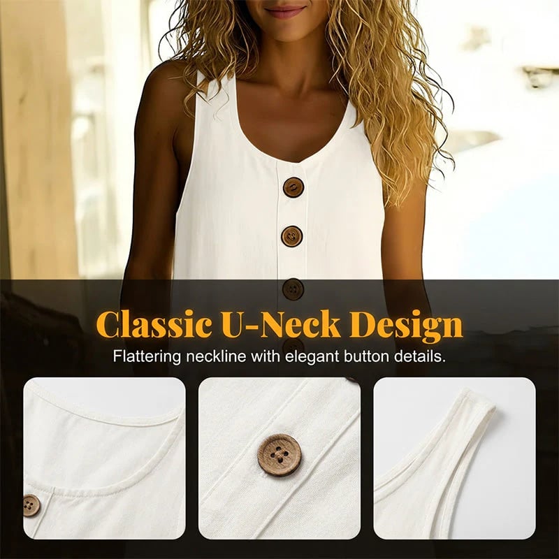 🌿🌿Women's Solid Color U-Neck Sleeveless Cotton Linen Dress - Lightweight, Breezy & Ridiculously Comfy 💛